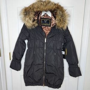 Kids Versace Italia 19V69 Black Puffer Jacket with Faux Fur Hood
